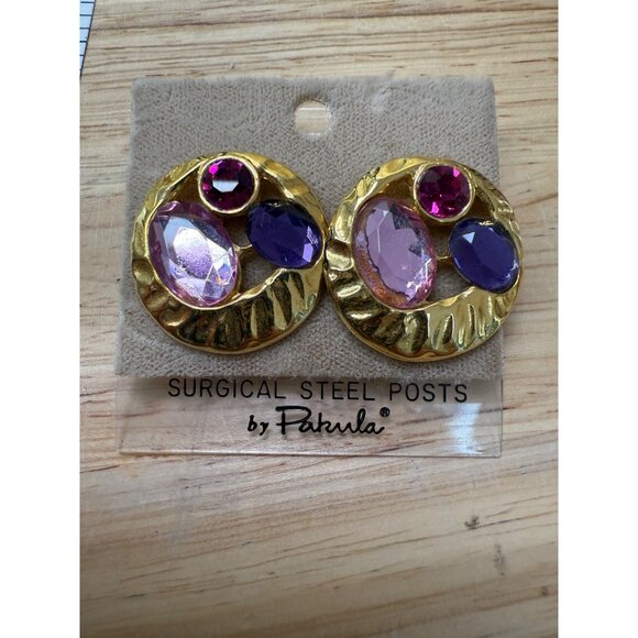 Vintage Pakula Gold-Tone Round Earrings Pink & Purple Gemstones Surgical Steel - Picture 4 of 4